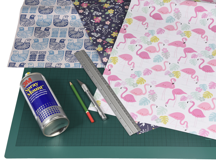 craft materials, wrapping paper, flamingo, florals